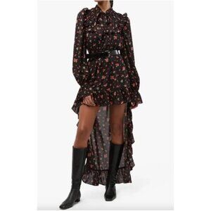 WeWoreWhat Black Floral High-Low Ruffle Maxi Dress Sz S Long Sleeves Whimsigoth